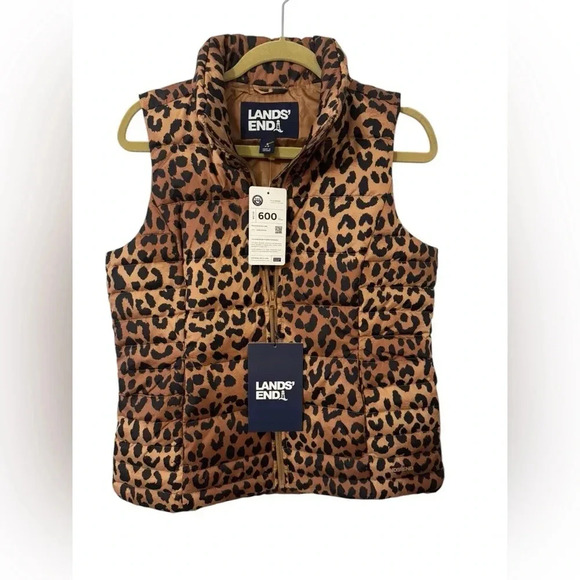Lands' End Brown Black Animal PrintPuffer Vest 600 Fill Down Full Zip Sz S NWT